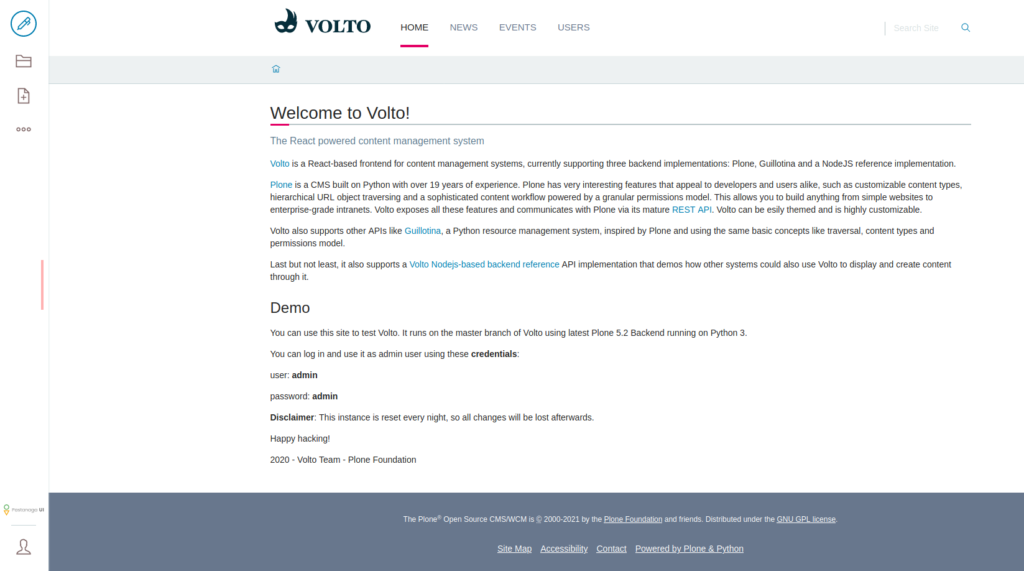 Volto homepage after login as admin user